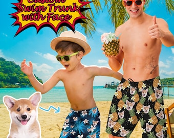 Custom Dog Face Swim Shorts, Personalized Men's Beach Trunks