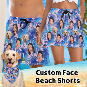 Aangepaste gezicht strand shorts, gepersonaliseerde foto mannen strand zwembroek, vrouwen hond gezicht Hawaiiaanse shorts, vrijgezellenfeest, vakantie cadeau, zwemkleding shorts