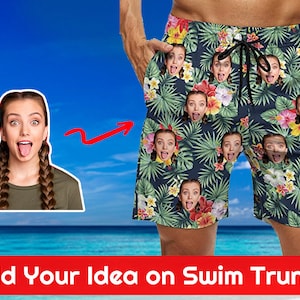 Custom Face Swim Trunk Personalized Photo Men&#39;s Beach Swim Shorts Hawaiian Short for Dad Bachelor Party Father&#39;s Day Trip Vacation Gift