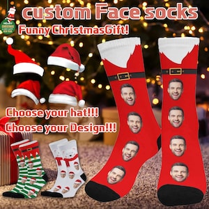 Aangepaste kerstsokken, sokken gepersonaliseerde gezichten, sokken kostuum kerstman voor vader, grappige gezichten op sokken, kerstcadeau, feestcadeau voor vrienden