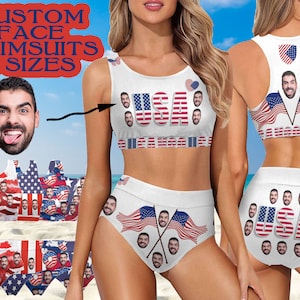 Personalized Face Photo Swimsuit USA Flag Pattern Bikini Custom Picture Woman&#39;s Bathing Suit Bachelorette Swimming Suit Girlfriend Wife Gift