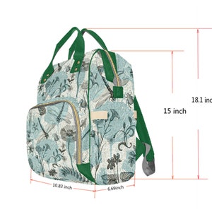 K&ouml;nnte beinhalten: Ein gr&uuml;n-blauer Rucksack mit einer Rei&szlig;verschlusstasche vorne und verstellbaren Tr&auml;gern. Der Rucksack ist 46 cm hoch, 38 cm breit und 27,5 cm tief.