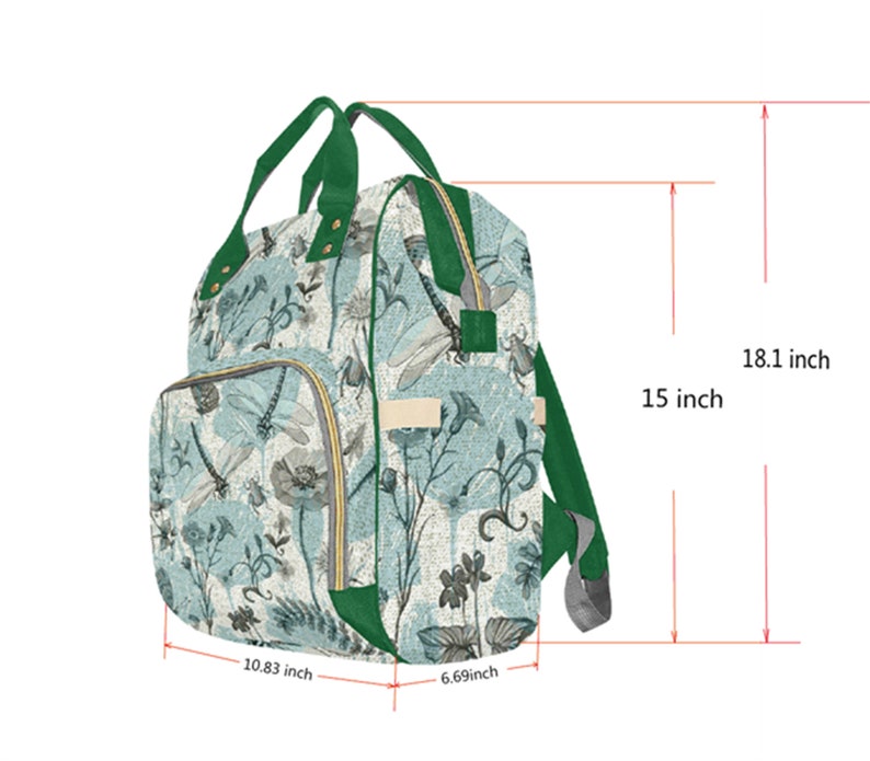 K&ouml;nnte beinhalten: Ein gr&uuml;n-blauer Rucksack mit einer Rei&szlig;verschlusstasche vorne und verstellbaren Tr&auml;gern. Der Rucksack ist 46 cm hoch, 38 cm breit und 27,5 cm tief.