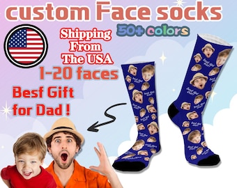 May include: Custom face socks in navy blue with multiple faces printed on them. The socks have black heels and toes. Text on the socks reads "Best Dad Ever!" and the image includes the text "Custom Face Socks" and "Best Gift for Dad!"