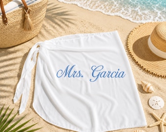 Custom Embroidered Mrs. Bride Beach Sarong, Personalized Bridal Cover Up, Wrap for Bachelorette Honeymoon