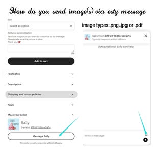 Może przedstawiać: Zrzut ekranu pokazujący, jak wysyłać obrazy za pośrednictwem wiadomości Etsy. Tekst wskazuje akceptowane typy obraz&oacute;w: .png, .jpg lub .pdf. Interfejs zawiera opcje personalizacji i przycisk 'Wyślij wiadomość do Sally'.