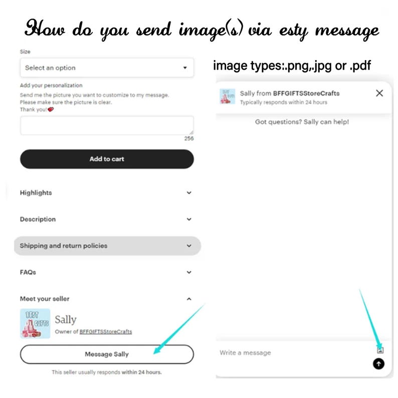 Może przedstawiać: Zrzut ekranu pokazujący, jak wysyłać obrazy za pośrednictwem wiadomości Etsy. Tekst wskazuje akceptowane typy obraz&oacute;w: .png, .jpg lub .pdf. Interfejs zawiera opcje personalizacji i przycisk 'Wyślij wiadomość do Sally'.