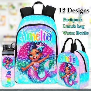 May include: A matching set of mermaid-themed school supplies, including a backpack, lunch bag, and water bottle. The set features a cartoon mermaid with colorful hair and a seashell top, with the name "Amelia" printed on each item.