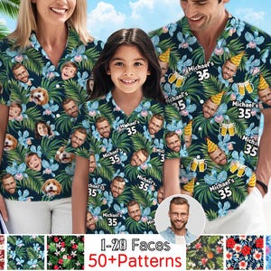 May include: A family wearing matching Hawaiian shirts with a custom face print. The shirts are dark blue with a tropical floral pattern and the text "Michael's 35". The shirts are short-sleeved.