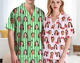 Custom Face Pajamas set: Personalized Photo Short Sleeve Stripe Sleepwear gift,Couple Matching Loungewear