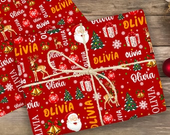 Personalized Name Christmas Wrapping Paper：Custom Family Santa Reindeer Xmas Gift