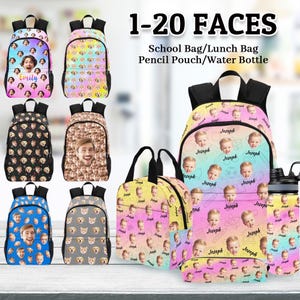 May include: A collection of school bags, lunch bags, pencil pouches, and water bottles. The items feature a repeating pattern of faces and names on a colorful background. The text "1-20 FACES" and product descriptions are visible.