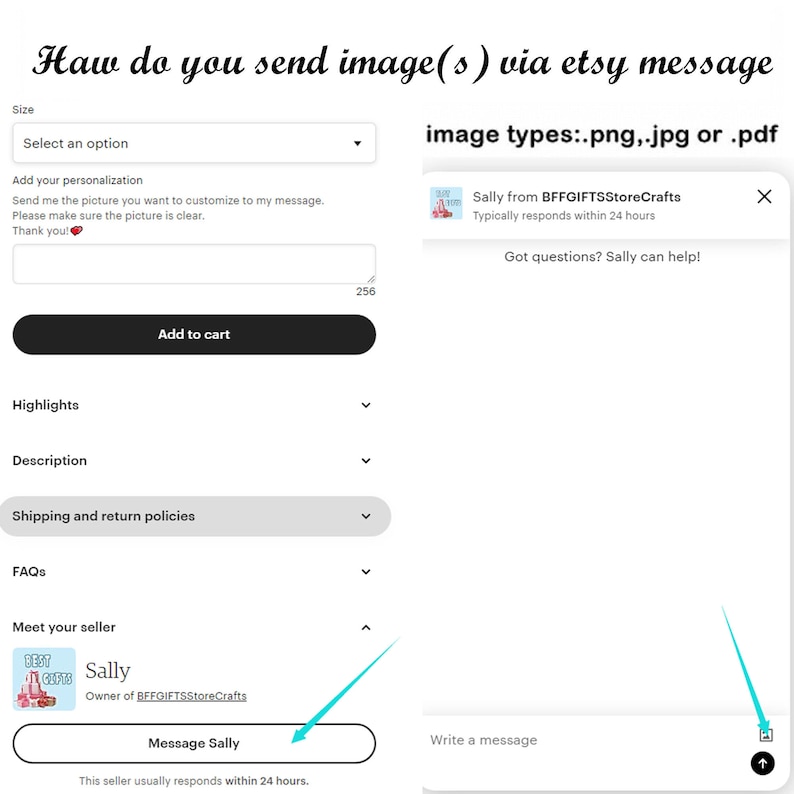 Puede incluir: Captura de pantalla de una p&aacute;gina de tienda Etsy que muestra c&oacute;mo enviar im&aacute;genes a trav&eacute;s de mensajes de Etsy. La imagen muestra un cuadro de mensaje con un icono de clip y el texto "Escribir un mensaje". La imagen tambi&eacute;n muestra un bot&oacute;n que dice "Mensaje Sally".