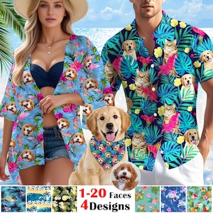 May include: A light blue kimono and a dark blue short-sleeve shirt, both featuring tropical leaves, hibiscus flowers, and pet faces. A golden retriever wears a matching bandana. Text at the bottom reads 1-20 Faces 4 Designs.