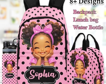 Personalized Black Girl School Backpack Set: Backpack, Lunch Bag & Water Bottle