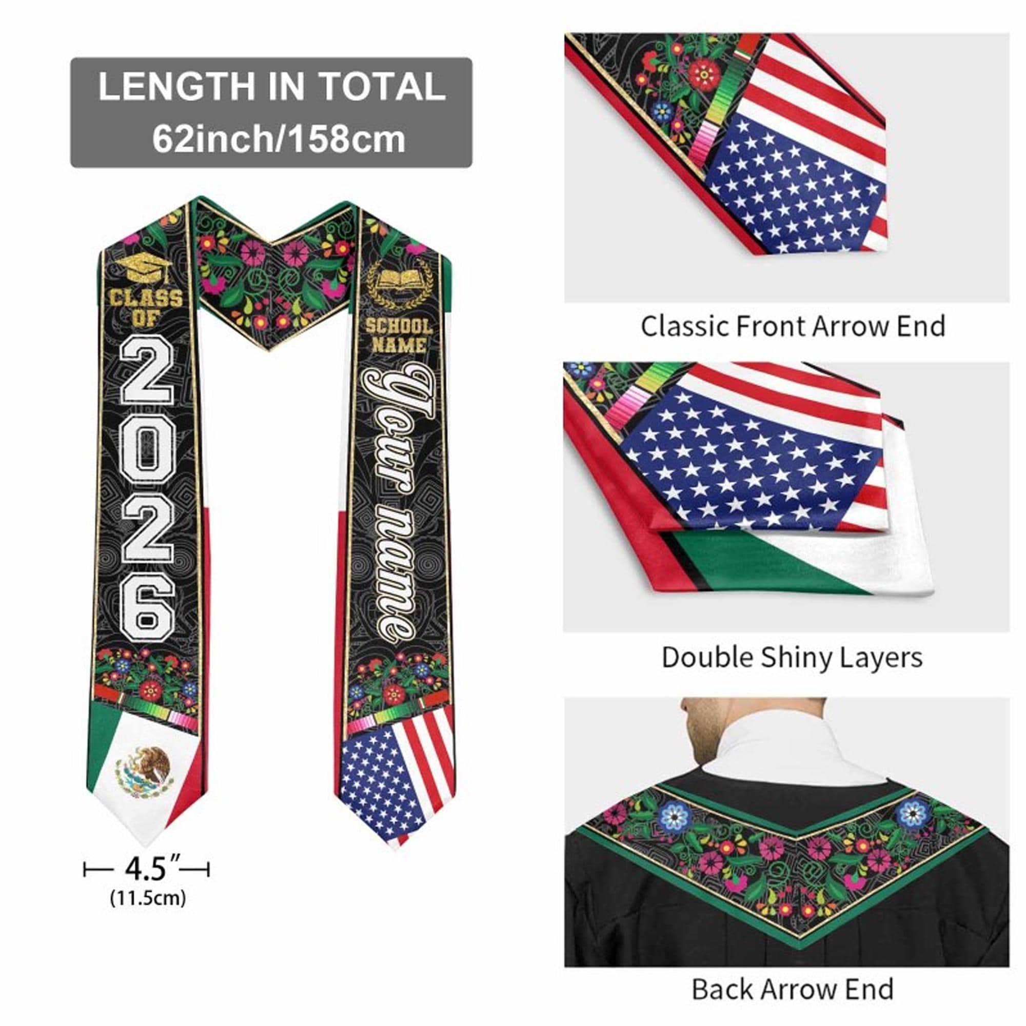 Custom Dual Flag Mexican American Graduation Stole, Personalized Name ...