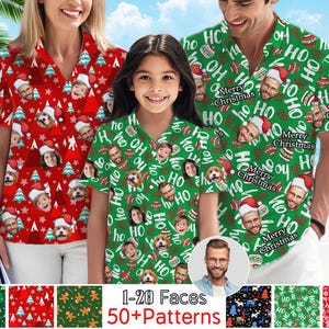 May include: Three short-sleeved button-down shirts with a Christmas theme. One is red with faces, Christmas trees, and Santa hats. The other two are green, featuring faces, the words "HO", and "Merry Christmas".
