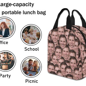 May include: A black lunch bag with a zipper closure and two handles. The bag is covered in a pattern of many different faces. The bag is labeled with the words "Large-capacity portable lunch bag".