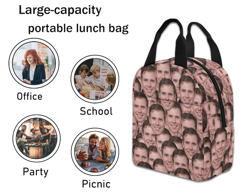 May include: A black lunch bag with a zipper closure and two handles. The bag is covered in a pattern of many different faces. The bag is labeled with the words "Large-capacity portable lunch bag".
