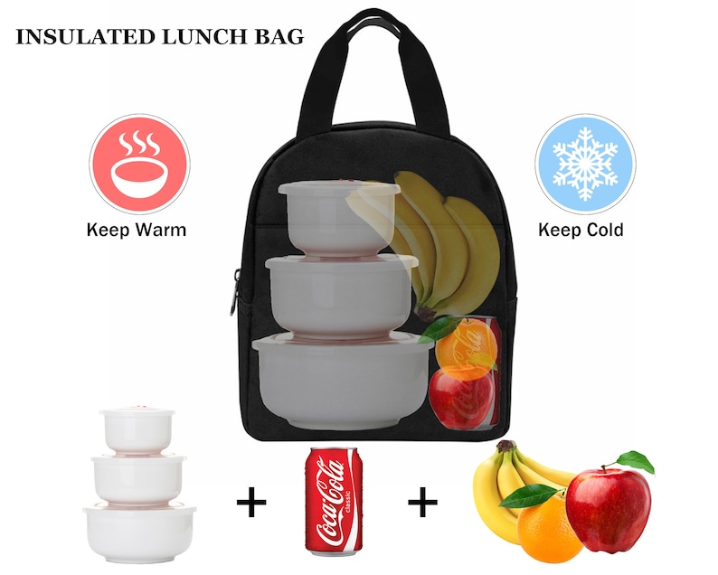 Puede incluir: Bolsa de almuerzo aislada negra con cierre de cremallera. La bolsa est&aacute; llena de una lata de Coca-Cola, pl&aacute;tanos, naranjas y manzanas. Tambi&eacute;n hay tres recipientes blancos con tapas dentro de la bolsa. La bolsa tiene un asa y est&aacute; dise&ntilde;ada para mantener los alimentos calientes o fr&iacute;os.