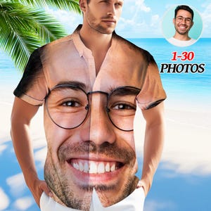 May include: A short-sleeved shirt with a large, smiling face printed on the front. The shirt is light tan, with a beach scene background. The text "1-30 PHOTOS" is visible on the right. The shirt is a unique, personalised item.