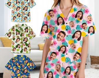 Personalized Hawaiian Pajama Set: Custom Face & Fruit Pattern Loungewear,Gifts for family