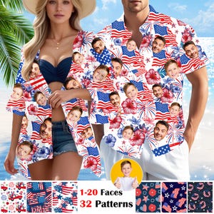 May include: White button-down shirt and a matching cover-up with a vibrant print featuring the American flag, faces, fireworks, and floral elements. The image also shows a variety of patterns and the text "1-20 Faces 32 Patterns."