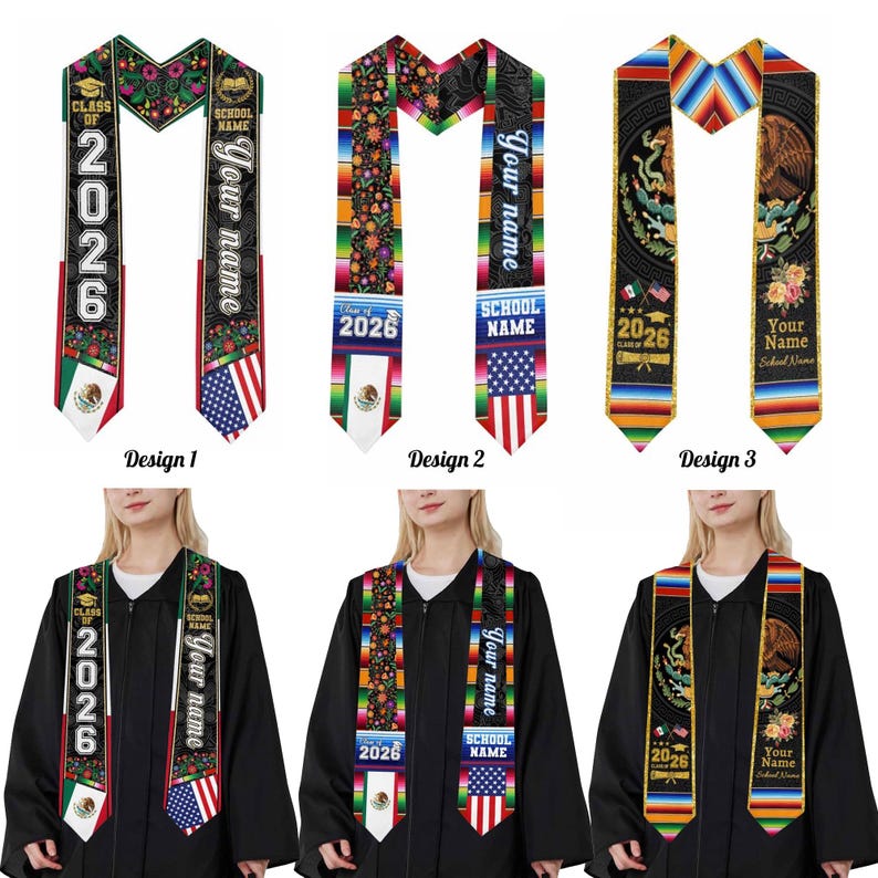 Custom Dual Flag Mexican American Graduation Stole, Personalized Name ...
