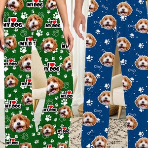 May include: A pair of green and blue pajama pants with a repeated pattern of a dog's face and the text "I love my dog".