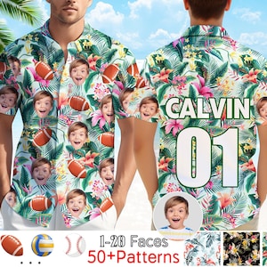 May include: A short-sleeved Hawaiian shirt featuring a tropical floral and leaf pattern with a repeating design of a child's face and footballs. The back of the shirt displays the name "CALVIN" and the number "01".