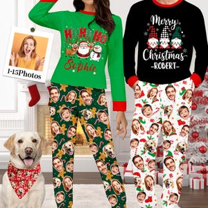May include: Matching Christmas pyjamas in green and black. The green top has a Christmas graphic and the name "Sophie". The black top says "Merry Christmas -ROBERT-". The pajama trousers have custom faces and gingerbread men.