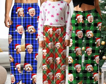 Custom Face Photo Plaid Christmas Pajama Pants: Personalized Coral Fleece Trousers
