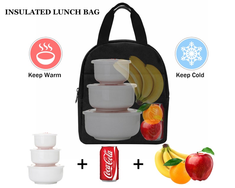May include: Black insulated lunch bag with a zipper closure. The bag is filled with a can of Coca-Cola, bananas, oranges, and apples. There are also three white containers with lids inside the bag. The bag has a handle and is designed to keep food warm or cold.
