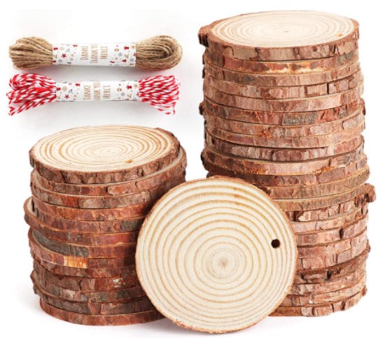 SOLEDI Unfinished Wood Slices 22 Pcs 3.5-3.9 Pre-drilled Hole Natural Wood Slices Comes with 33 ft Natural Jute Twine and Red Cotton for Christmas Crafts Ornaments Wedding Decoration 