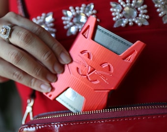 MANO Wallet™ Cute Funny Kitten Cat Credit Card ID Hard Case Holder Organizer- Slim or Full Size (holds up to 10 or 20 cards) - Red Silk