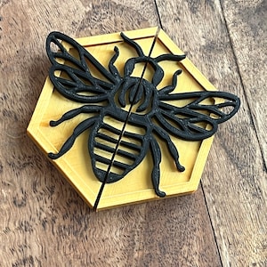 May include: A black bee cutout on a wooden hexagonal base. The bee is split in half, with each half on a separate piece of wood. The wood is a light brown color.