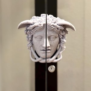 Può includere: Maniglie per ante di armadi con un design a testa di Medusa. Le maniglie grigio chiaro sono montate su un'anta di armadio marrone scuro. La testa di Medusa presenta lineamenti dettagliati e capelli ricci.