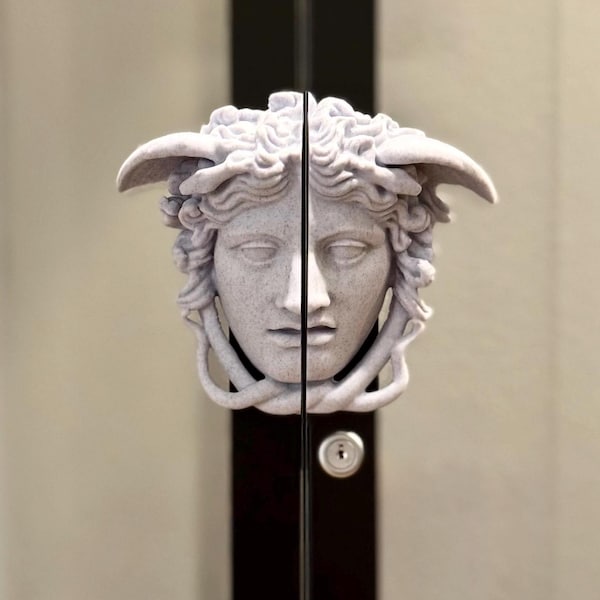 May include: A pair of cabinet door handles featuring a Medusa head design. The handles are a light gray color and are mounted on a dark brown cabinet door. The Medusa head has detailed facial features and curly hair.