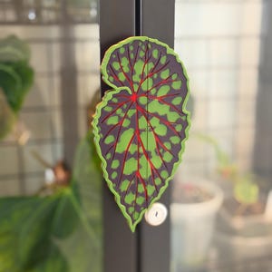 May include: A leaf-shaped magnet with a green, purple, and red design. The magnet is attached to a dark gray surface. The leaf has a detailed pattern, with green spots and red veins on a purple background. The edges are green.