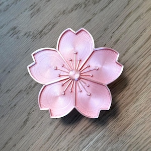 May include: A pink 3D printed cherry blossom flower with a detailed design. The flower has five petals and a center with a starburst pattern.