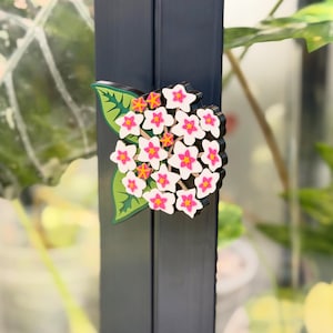 May include: A decorative magnet featuring a cluster of white flowers with bright pink centers and orange accents, accompanied by a single green leaf with dark veins. The floral design is layered with a black base and attached to a dark gray frame.