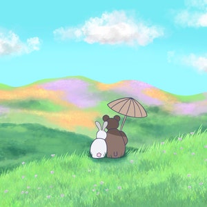 Peut inclure: Illustration numérique d'un ours et d'un lapin assis sur une colline herbeuse, regardant un paysage coloré. L'ours tient un parapluie beige. Le ciel est bleu avec des nuages blancs.
