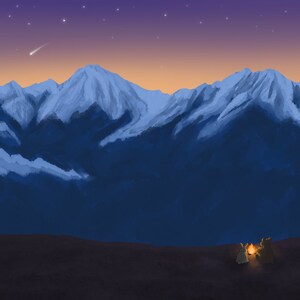 Peut inclure: Deux silhouettes assises autour d'un feu de camp devant une chaîne de montagnes sous un ciel étoilé. Une étoile filante traverse le ciel.