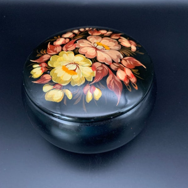 Round metal hand painted Zhostovo box Jewelry box Russian folk decor