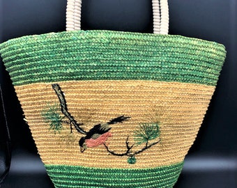 Straw bag embroidery Vintage beach tote bag 70s