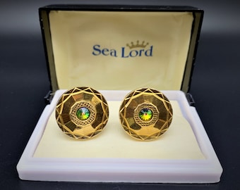 Vintage Sea Lord cufflinks with gold-tone iridescent crystal 1970s