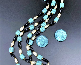 Vintage double strand beaded necklace and clip on earrings set for women