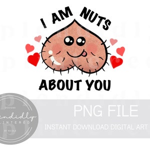以下が含まれることがあります： 毛深いテクスチャの漫画のハートと「I am nuts about you」というテキスト、そしてハートを取り囲む赤いハートを特徴とするデジタルアートファイルです。