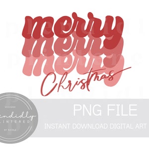 以下が含まれることがあります： 赤のグラデーションで重ねられた「merry Christmas」というテキストが描かれたデジタルアートファイル。テキストはスタイリッシュなレトロなフォントで書かれています。