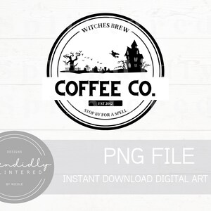 以下が含まれることがあります： 「Witches Brew Coffee Co.」というコーヒーショップの白黒ロゴデザイン。ロゴには、幽霊屋敷、墓地、飛んでいる魔女、そして「Stop by for a spell」というテキストが描かれています。